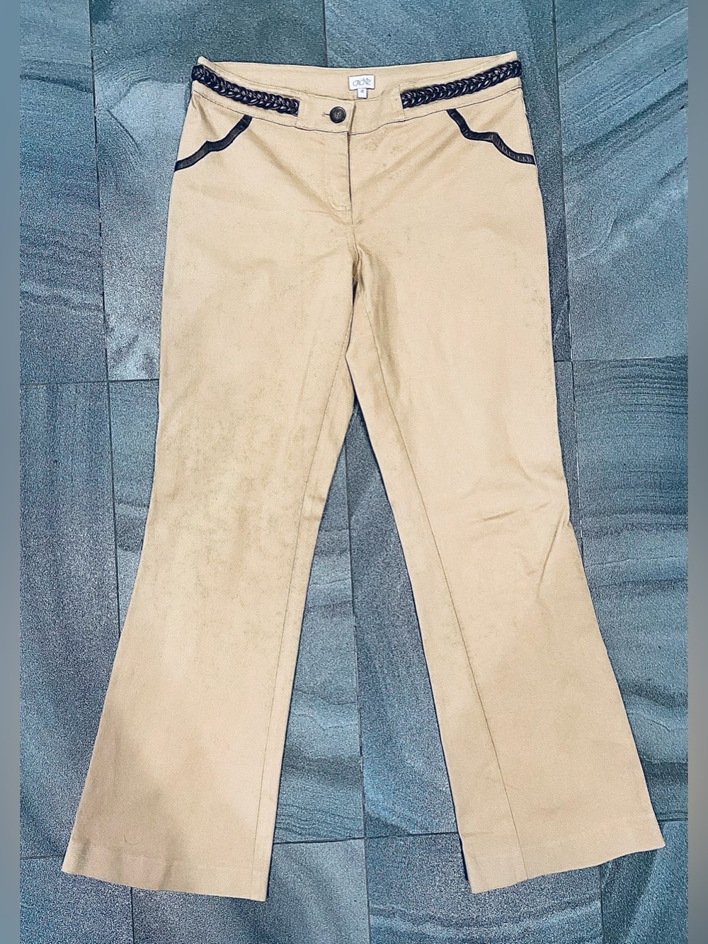 Women’s Vintage Tan Flared Leg Pants Brown Leather Braided Trim Size 10